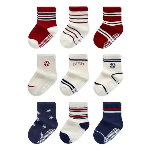 Bearbay Baby Toddler Essentials Non-Slip Crew Socks for Unisex Boys Girls | Full-Sole Silicone Grips,Combed Cotton,9 Pairs Neutral Colors,Reinforced Heel & Toe,Elastic Cuff,Machine Washable - 1