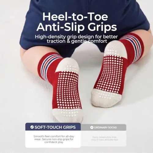 Bearbay Baby Toddler Essentials Non-Slip Crew Socks for Unisex Boys Girls | Full-Sole Silicone Grips,Combed Cotton,9 Pairs Neutral Colors,Reinforced Heel & Toe,Elastic Cuff,Machine Washable - 4