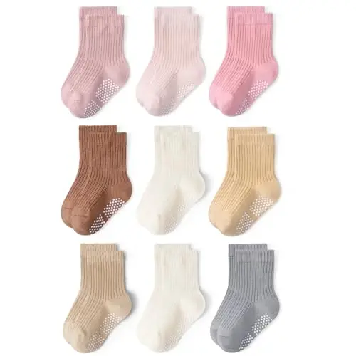 Bearbay Baby Toddler Essentials Non-Slip Crew Socks for Unisex Boys Girls | Full-Sole Silicone Grips,Combed Cotton,9 Pairs Neutral Colors,Reinforced Heel & Toe,Elastic Cuff,Machine Washable - 1