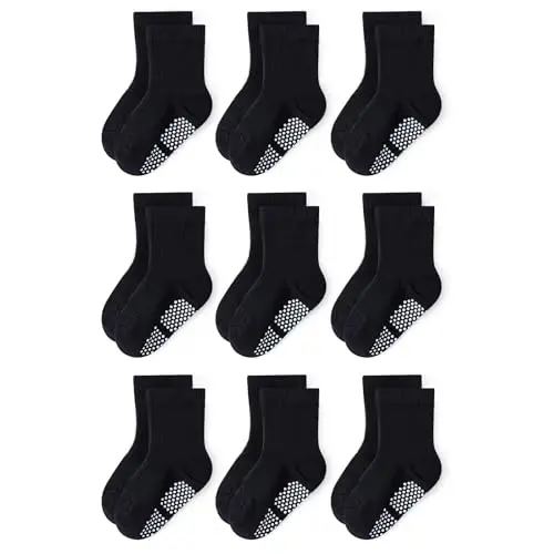 Bearbay Baby Toddler Essentials Non-Slip Crew Socks for Unisex Boys Girls | Full-Sole Silicone Grips,Combed Cotton,9 Pairs Neutral Colors,Reinforced Heel & Toe,Elastic Cuff,Machine Washable - 1