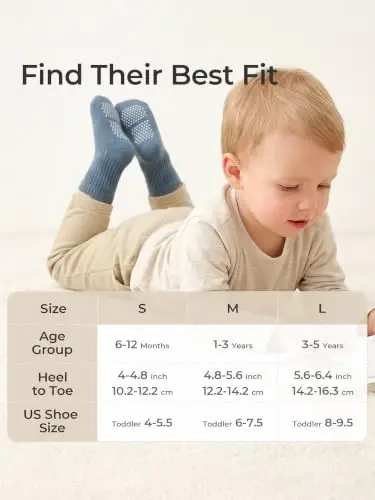 Bearbay Baby Toddler Essentials Non-Slip Crew Socks for Unisex Boys Girls | Full-Sole Silicone Grips,Combed Cotton,9 Pairs Neutral Colors,Reinforced Heel & Toe,Elastic Cuff,Machine Washable - 6