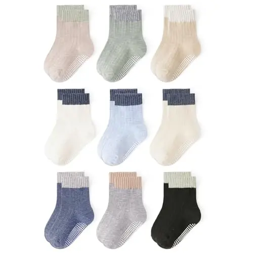 Bearbay Baby Toddler Essentials Non-Slip Crew Socks for Unisex Boys Girls | Full-Sole Silicone Grips,Combed Cotton,9 Pairs Neutral Colors,Reinforced Heel & Toe,Elastic Cuff,Machine Washable - 1