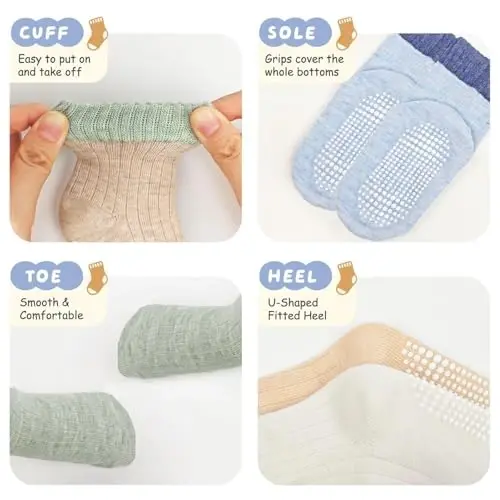 Bearbay Baby Toddler Essentials Non-Slip Crew Socks for Unisex Boys Girls | Full-Sole Silicone Grips,Combed Cotton,9 Pairs Neutral Colors,Reinforced Heel & Toe,Elastic Cuff,Machine Washable - 4