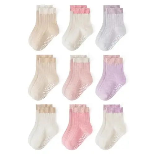 Bearbay Baby Toddler Essentials Non-Slip Crew Socks for Unisex Boys Girls | Full-Sole Silicone Grips,Combed Cotton,9 Pairs Neutral Colors,Reinforced Heel & Toe,Elastic Cuff,Machine Washable - 1
