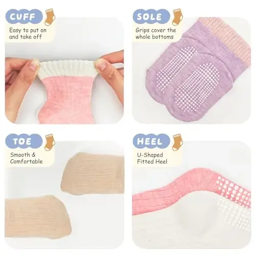 Bearbay Baby Toddler Essentials Non-Slip Crew Socks for Unisex Boys Girls | Full-Sole Silicone Grips,Combed Cotton,9 Pairs Neutral Colors,Reinforced Heel & Toe,Elastic Cuff,Machine Washable - 4