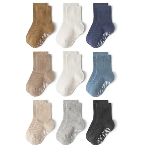 Bearbay Baby Toddler Essentials Non-Slip Crew Socks for Unisex Boys Girls | Full-Sole Silicone Grips,Combed Cotton,9 Pairs Neutral Colors,Reinforced Heel & Toe,Elastic Cuff,Machine Washable - 1