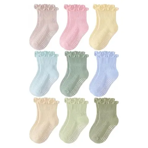 Bearbay Baby Toddler Essentials Non-Slip Crew Socks for Unisex Boys Girls | Full-Sole Silicone Grips,Combed Cotton,9 Pairs Neutral Colors,Reinforced Heel & Toe,Elastic Cuff,Machine Washable - 1