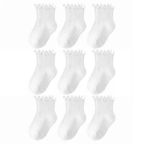 Bearbay Baby Toddler Essentials Non-Slip Crew Socks for Unisex Boys Girls | Full-Sole Silicone Grips,Combed Cotton,9 Pairs Neutral Colors,Reinforced Heel & Toe,Elastic Cuff,Machine Washable - 1