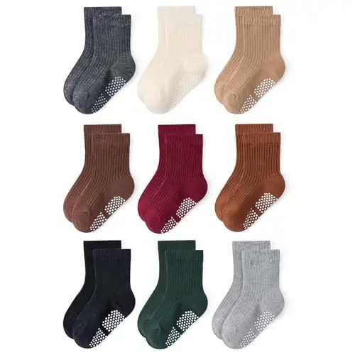 Bearbay Baby Toddler Essentials Non-Slip Crew Socks for Unisex Boys Girls | Full-Sole Silicone Grips,Combed Cotton,9 Pairs Neutral Colors,Reinforced Heel & Toe,Elastic Cuff,Machine Washable - 1