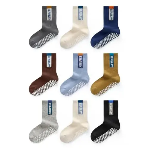 Bearbay Baby Toddler Essentials Non-Slip Crew Socks for Unisex Boys Girls | Full-Sole Silicone Grips,Combed Cotton,9 Pairs Neutral Colors,Reinforced Heel & Toe,Elastic Cuff,Machine Washable - 1