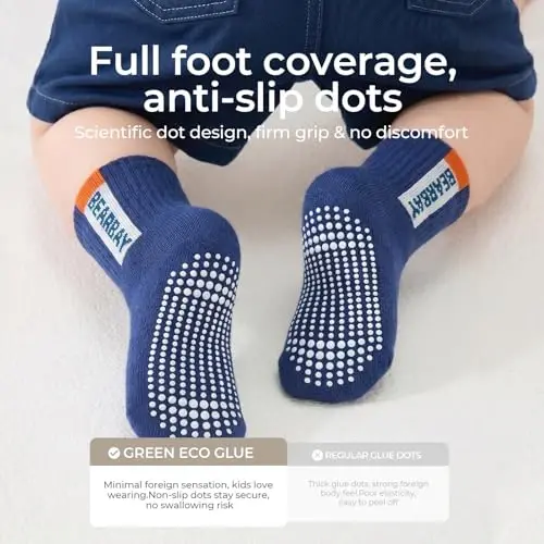Bearbay Baby Toddler Essentials Non-Slip Crew Socks for Unisex Boys Girls | Full-Sole Silicone Grips,Combed Cotton,9 Pairs Neutral Colors,Reinforced Heel & Toe,Elastic Cuff,Machine Washable - 6