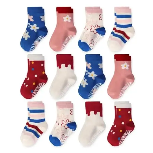 Bearbay Baby Toddler Essentials Non-Slip Crew Socks for Unisex Boys Girls | Full-Sole Silicone Grips,Combed Cotton,9 Pairs Neutral Colors,Reinforced Heel & Toe,Elastic Cuff,Machine Washable - 1