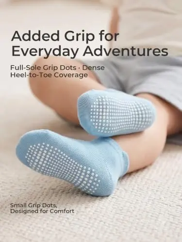 Bearbay Baby Toddler Essentials Non-Slip Crew Socks for Unisex Boys Girls | Full-Sole Silicone Grips,Combed Cotton,9 Pairs Neutral Colors,Reinforced Heel & Toe,Elastic Cuff,Machine Washable - 2