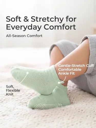Bearbay Baby Toddler Essentials Non-Slip Crew Socks for Unisex Boys Girls | Full-Sole Silicone Grips,Combed Cotton,9 Pairs Neutral Colors,Reinforced Heel & Toe,Elastic Cuff,Machine Washable - 5