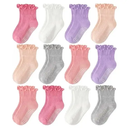 Bearbay Baby Toddler Essentials Non-Slip Crew Socks for Unisex Boys Girls | Full-Sole Silicone Grips,Combed Cotton,9 Pairs Neutral Colors,Reinforced Heel & Toe,Elastic Cuff,Machine Washable - 1