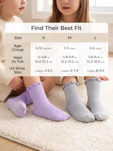 Bearbay Baby Toddler Essentials Non-Slip Crew Socks for Unisex Boys Girls | Full-Sole Silicone Grips,Combed Cotton,9 Pairs Neutral Colors,Reinforced Heel & Toe,Elastic Cuff,Machine Washable - 6