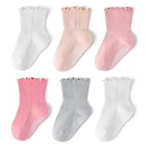 Bearbay Baby Toddler Ruffle Socks for Girls Cute Crew Grip Frilly Socks - BEARBAY