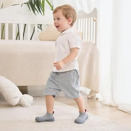 Bearbay Baby Toddler Sock Shoes Walking Shoes Infant Boys Girls Slippers | Non-Slip Sole,Anti-Collision Rubber Toe,Heel Pull Tab Design for Easy On and Off,Breatnable & High-Elastic Fabric,Lightweight - 3
