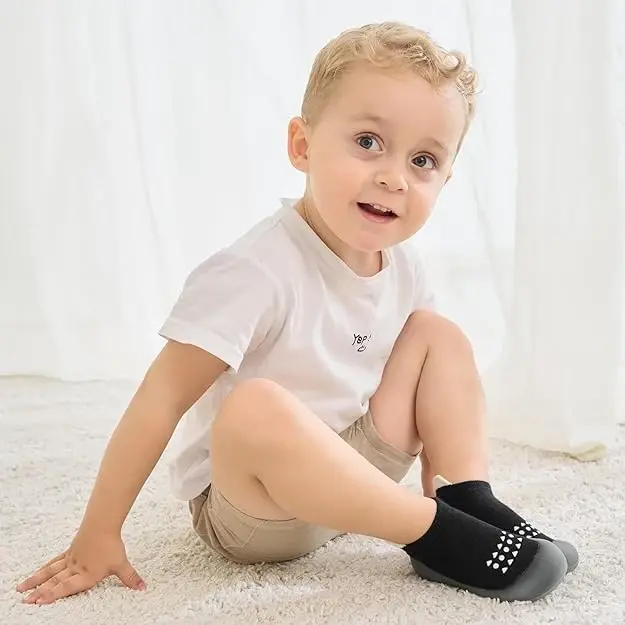 Bearbay Baby Toddler Sock Shoes Walking Shoes Infant Boys Girls Slippers | Non-Slip Sole,Anti-Collision Rubber Toe,Heel Pull Tab Design for Easy On and Off,Breatnable & High-Elastic Fabric,Lightweight - 3