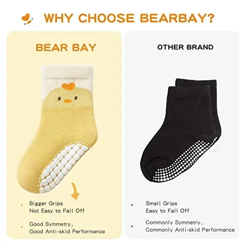 Bearbay Non-Slip Cotton Toddler Grip Crew Socks with Stripe Heart Animal | Unisex for Baby Boys Girls, Anti Skid Soles - 4