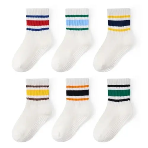 Bearbay Non-Slip Cotton Toddler Grip Crew Socks with Stripe Heart Animal | Unisex for Baby Boys Girls, Anti Skid Soles - 1
