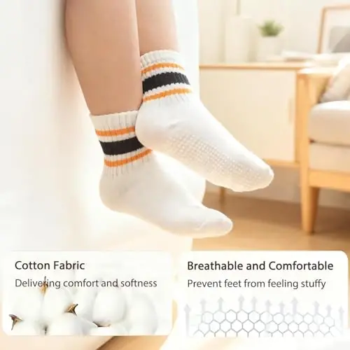 Bearbay Non-Slip Cotton Toddler Grip Crew Socks with Stripe Heart Animal | Unisex for Baby Boys Girls, Anti Skid Soles - 5