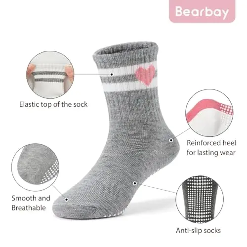 Bearbay Non-Slip Cotton Toddler Grip Crew Socks with Stripe Heart Animal | Unisex for Baby Boys Girls, Anti Skid Soles - 4