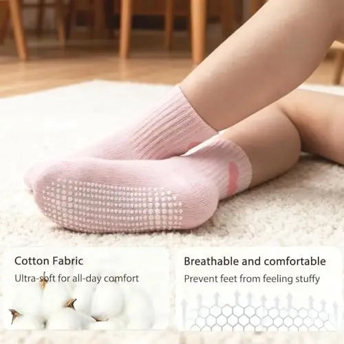 Bearbay Non-Slip Cotton Toddler Grip Crew Socks with Stripe Heart Animal | Unisex for Baby Boys Girls, Anti Skid Soles - 5