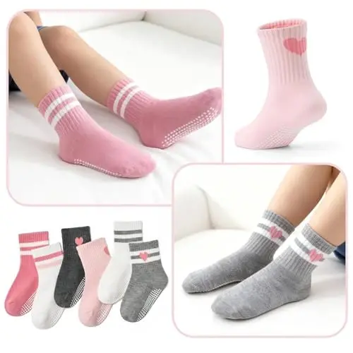 Bearbay Non-Slip Cotton Toddler Grip Crew Socks with Stripe Heart Animal | Unisex for Baby Boys Girls, Anti Skid Soles - 6