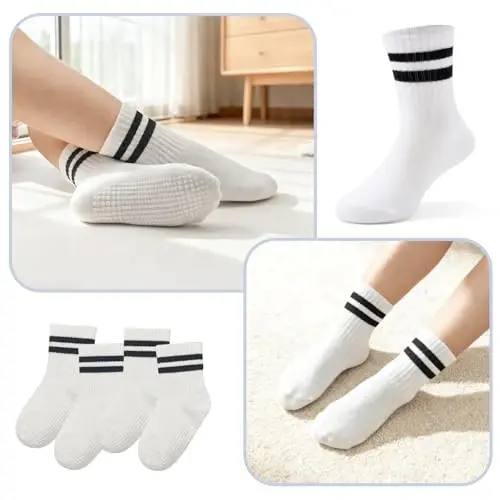 Bearbay Non-Slip Cotton Toddler Grip Crew Socks with Stripe Heart Animal | Unisex for Baby Boys Girls, Anti Skid Soles - 6