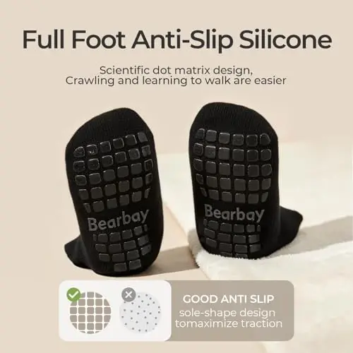 Bearbay Non-Slip Baby Cotton Ankle Socks with Grippers for Toddler Walking | 0 Months-7 Years, Unisex for Infant Boys Girls Kids, Anti Skid Soles - 4