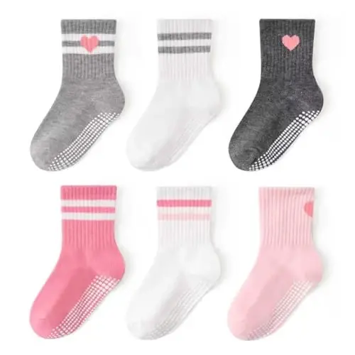 Bearbay Non-Slip Cotton Toddler Grip Crew Socks with Stripe Heart Animal | Unisex for Baby Boys Girls, Anti Skid Soles - BEARBAY