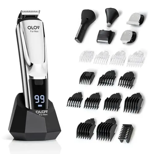 Beard Trimmer, 21 Piece Mens Grooming Kit for Beard & Mustache Trimming, Electric Shaver, Nose Hair Trimmer, Cordless Hair Clippers, Waterproof, Silver - 1