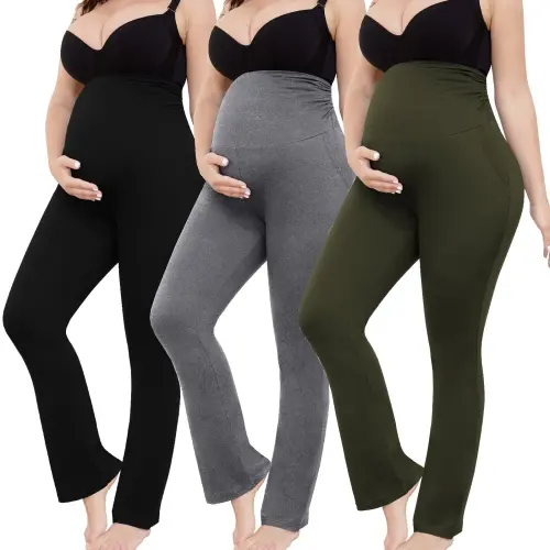 Bearsland Women's Plus Size Maternity Leggings over Belly Pregnancy Yoga Pants Active Wear Workout Pants with Pocket 3-Pack- - 7