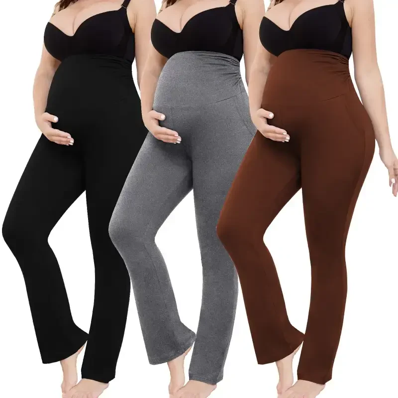 Bearsland Women's Plus Size Maternity Leggings over Belly Pregnancy Yoga Pants Active Wear Workout Pants with Pocket 3-Pack- - 7