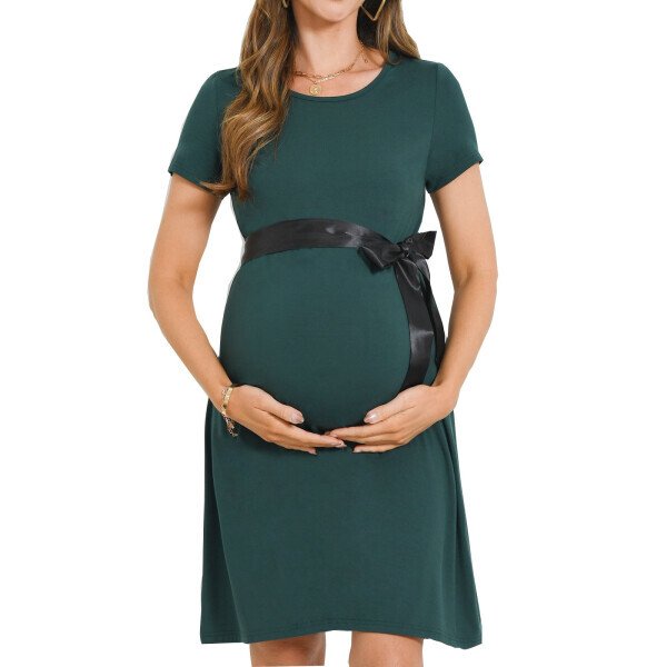 Bearsland Women’s Short Sleeve Maternity Dresses Casual Stretchy Modal Pregnacy Dresses with Belt- - BEARSLAND