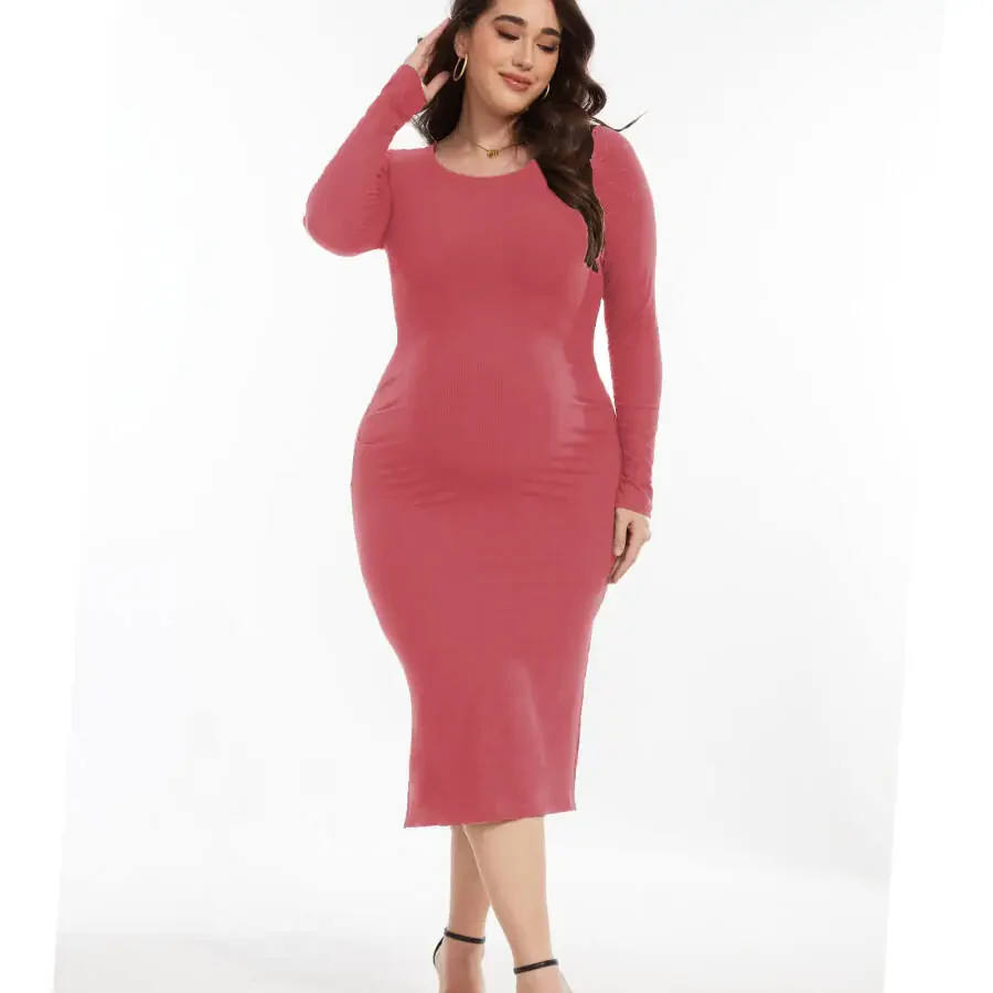 Bearsland Women's Long Sleeve Ribbed Knit Side Slit Maternity Dress Casual Ruched Bodycon Sweater Dress Pregnancy Clothes- - 3