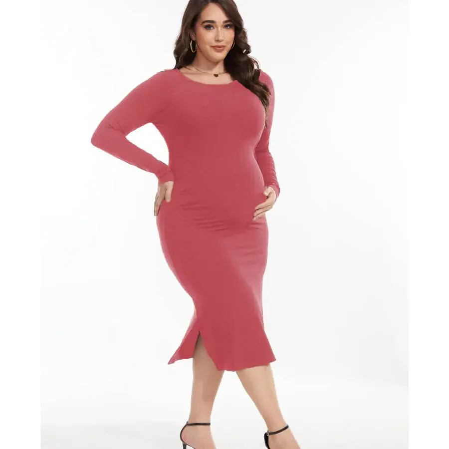 Bearsland Women's Long Sleeve Ribbed Knit Side Slit Maternity Dress Casual Ruched Bodycon Sweater Dress Pregnancy Clothes- - 4