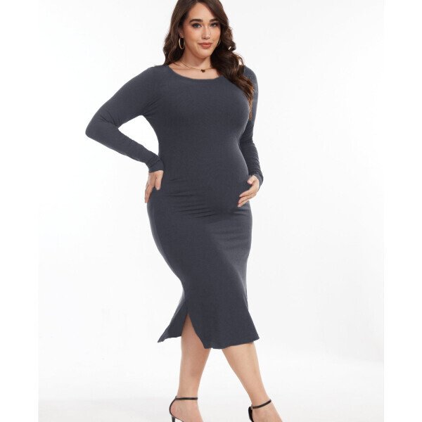 Bearsland Women's Long Sleeve Ribbed Knit Side Slit Maternity Dress Casual Ruched Bodycon Sweater Dress Pregnancy Clothes- - 4