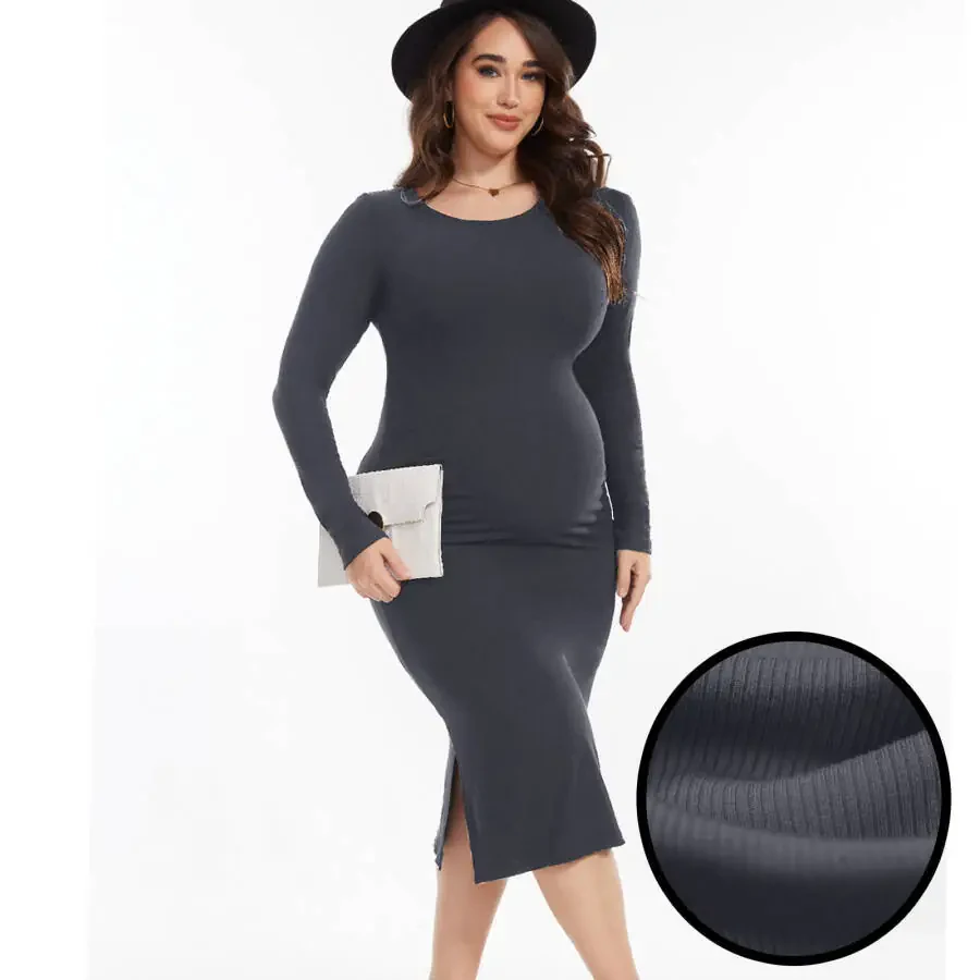 Bearsland Women's Long Sleeve Ribbed Knit Side Slit Maternity Dress Casual Ruched Bodycon Sweater Dress Pregnancy Clothes - 1