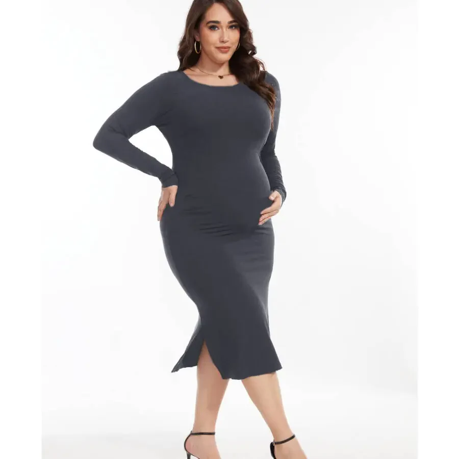 Bearsland Women's Long Sleeve Ribbed Knit Side Slit Maternity Dress Casual Ruched Bodycon Sweater Dress Pregnancy Clothes - 4