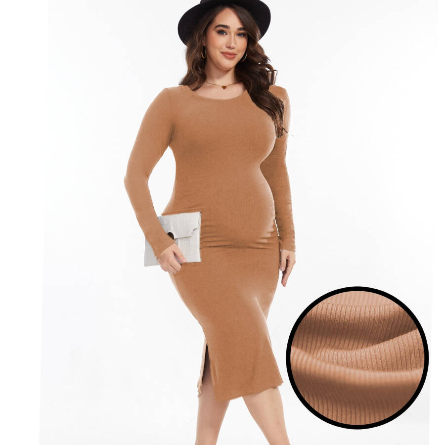 Bearsland Women's Long Sleeve Ribbed Knit Side Slit Maternity Dress Casual Ruched Bodycon Sweater Dress Pregnancy Clothes - 1