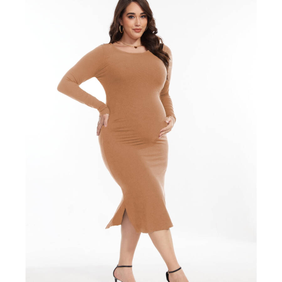 Bearsland Women's Long Sleeve Ribbed Knit Side Slit Maternity Dress Casual Ruched Bodycon Sweater Dress Pregnancy Clothes - 4