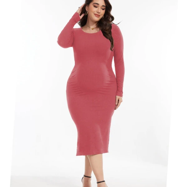 Bearsland Women's Long Sleeve Ribbed Knit Side Slit Maternity Dress Casual Ruched Bodycon Sweater Dress Pregnancy Clothes - 3