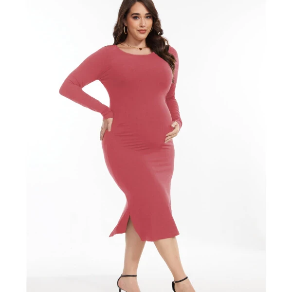 Bearsland Women's Long Sleeve Ribbed Knit Side Slit Maternity Dress Casual Ruched Bodycon Sweater Dress Pregnancy Clothes - 4