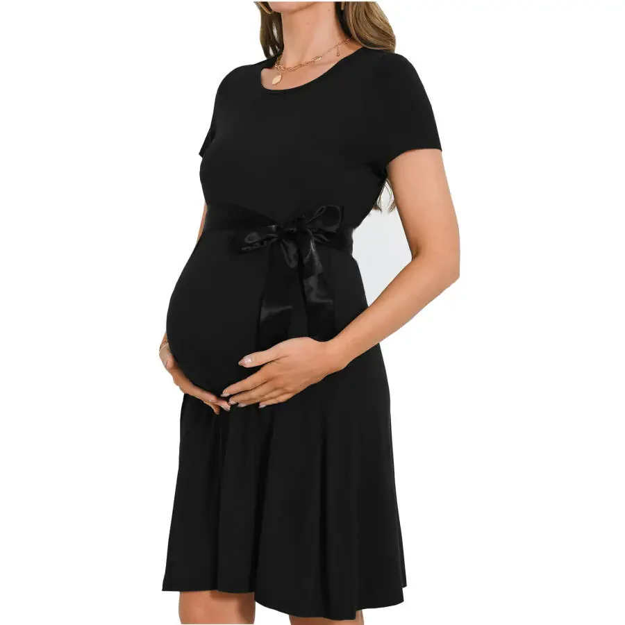 Bearsland Women's Maternity Midi Dress Long Sleeve Casual Stretchy Pregnancy Dresses With Belt - 5