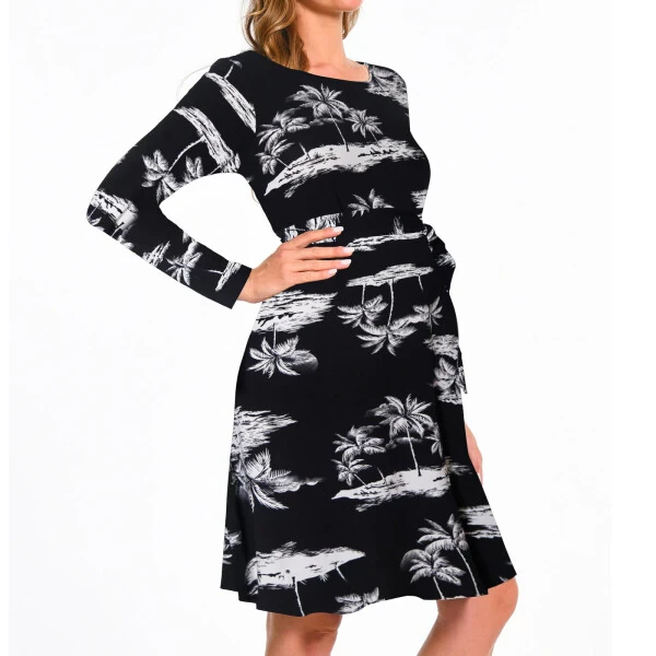 Bearsland Women's Maternity Midi Dress Long Sleeve Casual Stretchy Pregnancy Dresses With Belt - 3