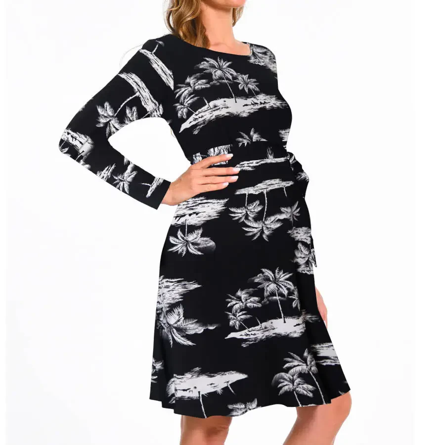 Bearsland Women's Maternity Midi Dress Long Sleeve Casual Stretchy Pregnancy Dresses With Belt - 3