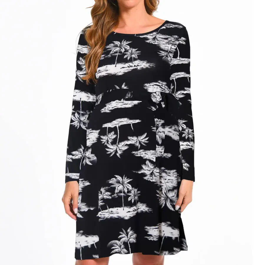 Bearsland Women's Maternity Midi Dress Long Sleeve Casual Stretchy Pregnancy Dresses With Belt - 4
