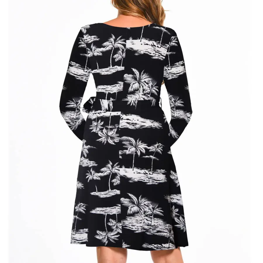 Bearsland Women's Maternity Midi Dress Long Sleeve Casual Stretchy Pregnancy Dresses With Belt - 5